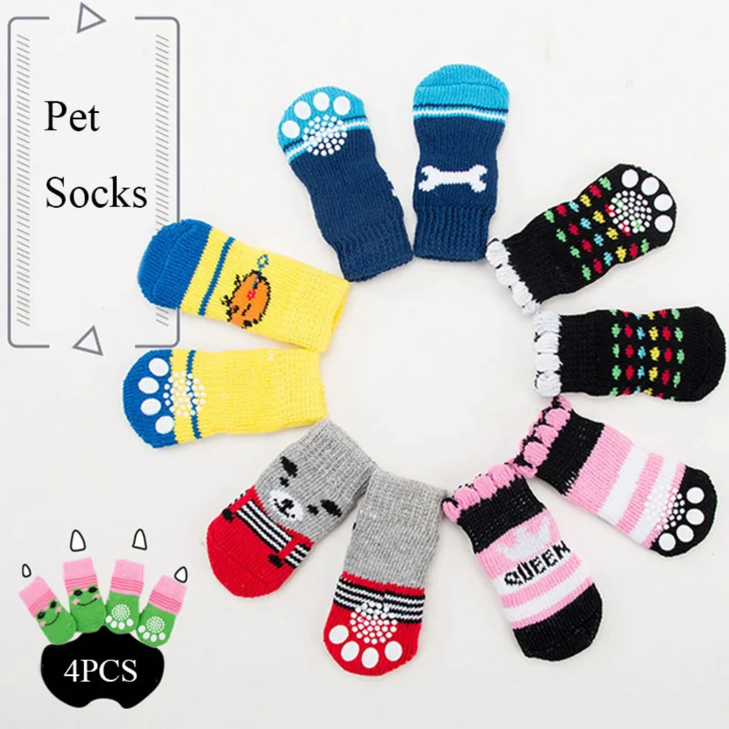 Cartoon Anti Slip Dog Socks 4Pcs Soft Breathable Pet Knits Socks  Puppy Warm Dog Shoes Soft Cat Paw Protector Pet Supplies