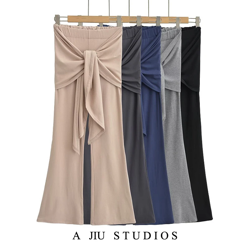 الشارع Sle وهمية قطعتين جرس بوت السراويل منخفضة الخصر التخسيس العصرية المرأة مطاطا عادية واسعة الساق السراويل الطويلة #1