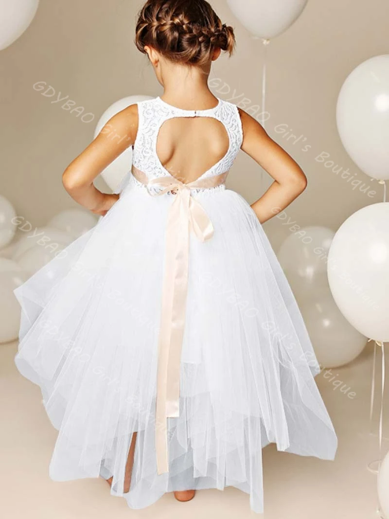 결혼식 유아를위한 맞춤형 꽃의 소녀 드레스 레이스 탑 불규칙 스커트 친교 미인 대회 드레스 핑크 리본 파티 볼 가운