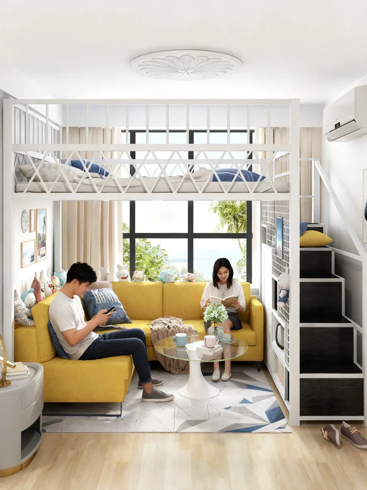 Multifunctional space-saving elevated bed sheet upper floor apartment duplex loft bed wrought iron high and low bed small apartm