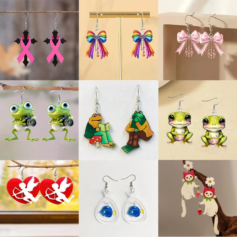 New Cute Animal Earrings for Women Acrylic Frog Bow Pendant Earrings for Girls Fashion Personalized Accessories Jewelry Gift