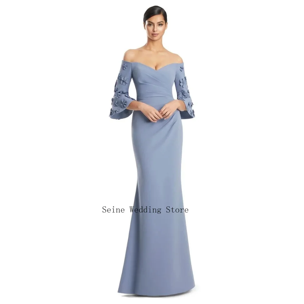 Customized Mermaid Crepe Evening Dress with 3D Floral Appliques Off The Shoulder Flared Sleeve Formal Occasion Party Dresses