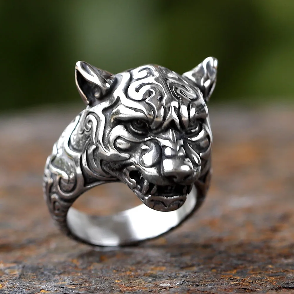 Gothic Personality 2024 New 316L Stainless Steel Tiger Head With Pattern Ring Creative Jewelry Animal Anels Boyfriend Gift