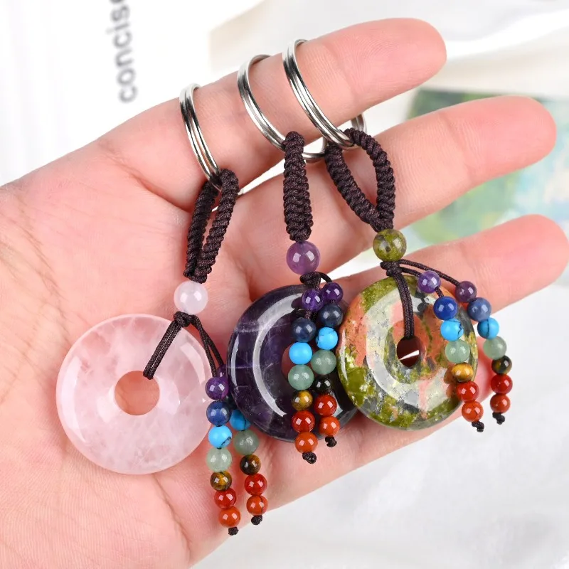 6pc-lot-donut-natural-stone-crystal-keychain-7-chakra-healing-gemstone-tassel-key-ring-for-women-girls-key-holder-decor-jewelry