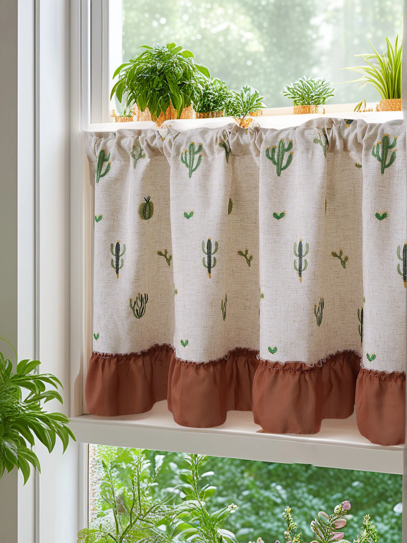 Leinen bestickte Tischdecke mit Kaktus-Rocksaum für Wohnzimmer, Schlafzimmer, Küche, Fenster, kurzer Vorhang, Halbvorhang, frischer Stil