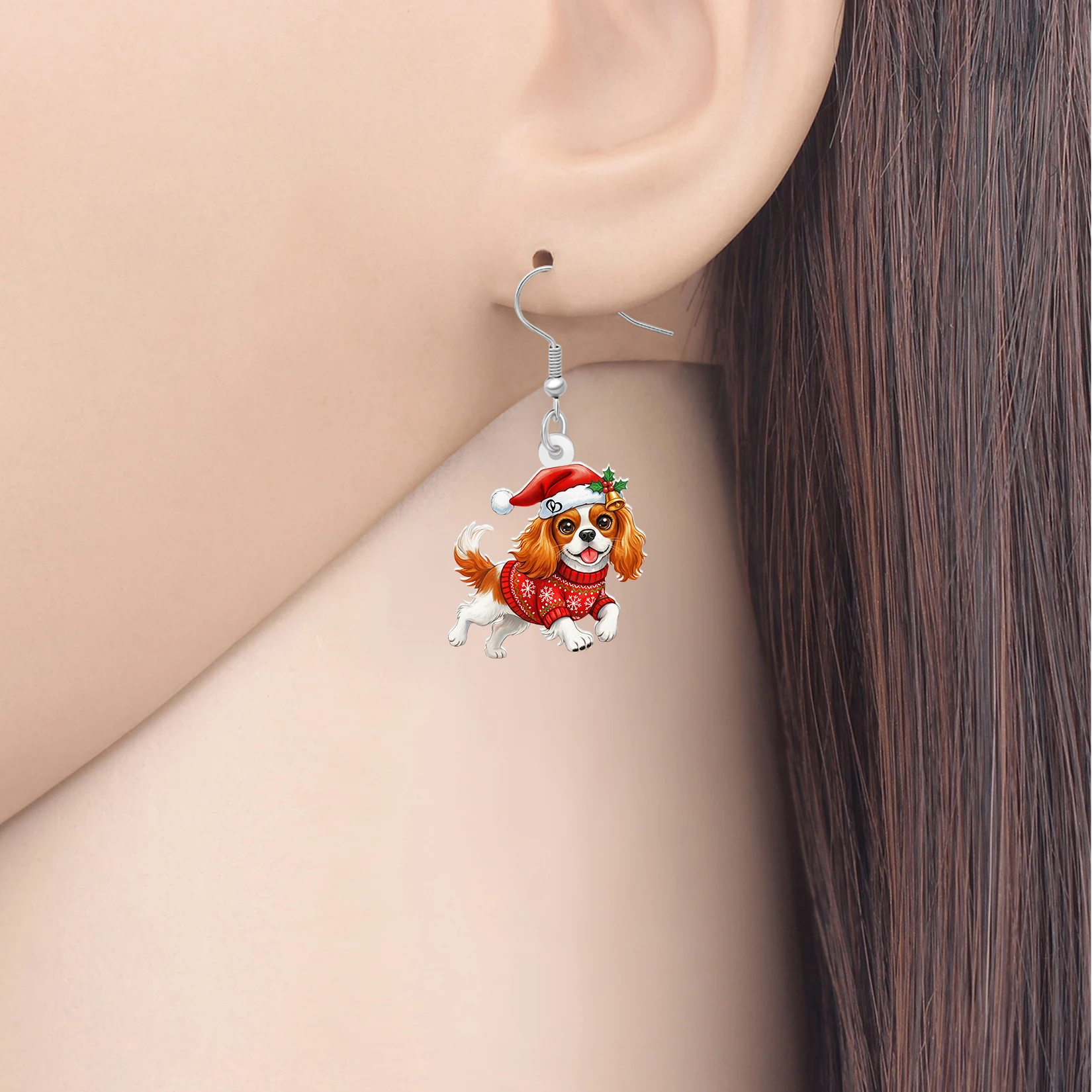 BONSNY Acrylic Christmas Cavalier King Charles Spaniel Dog Earrings Ugly Sweater Doggy Winter Jewelry Xmas Gifts For Women Girls