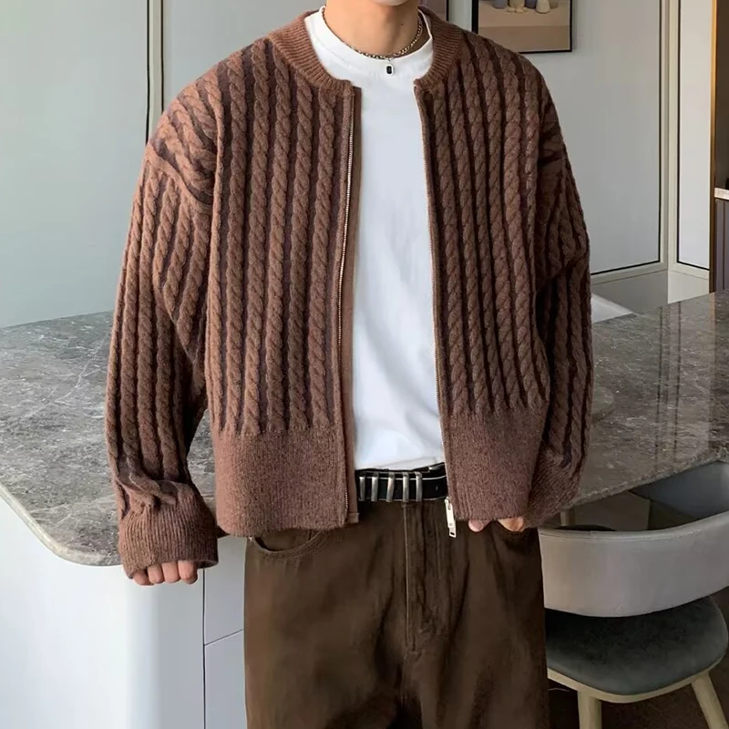 خمر الكروشيه الحياكة سترة رجالي معاطف 2025 خريف جديد عادية سليم صالح سترة متماسكة القمم الرجال المألوف سستة Sweatercoats