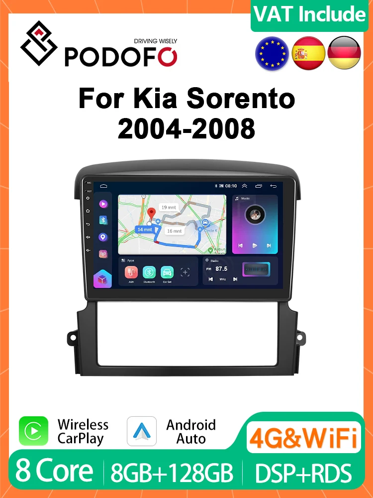 Podofo Carplay Android Auto Car Intelligent Systems For Kia Sorento 2004-2008 Auto Radio Multimedia Player GPS HiFi 4G 9