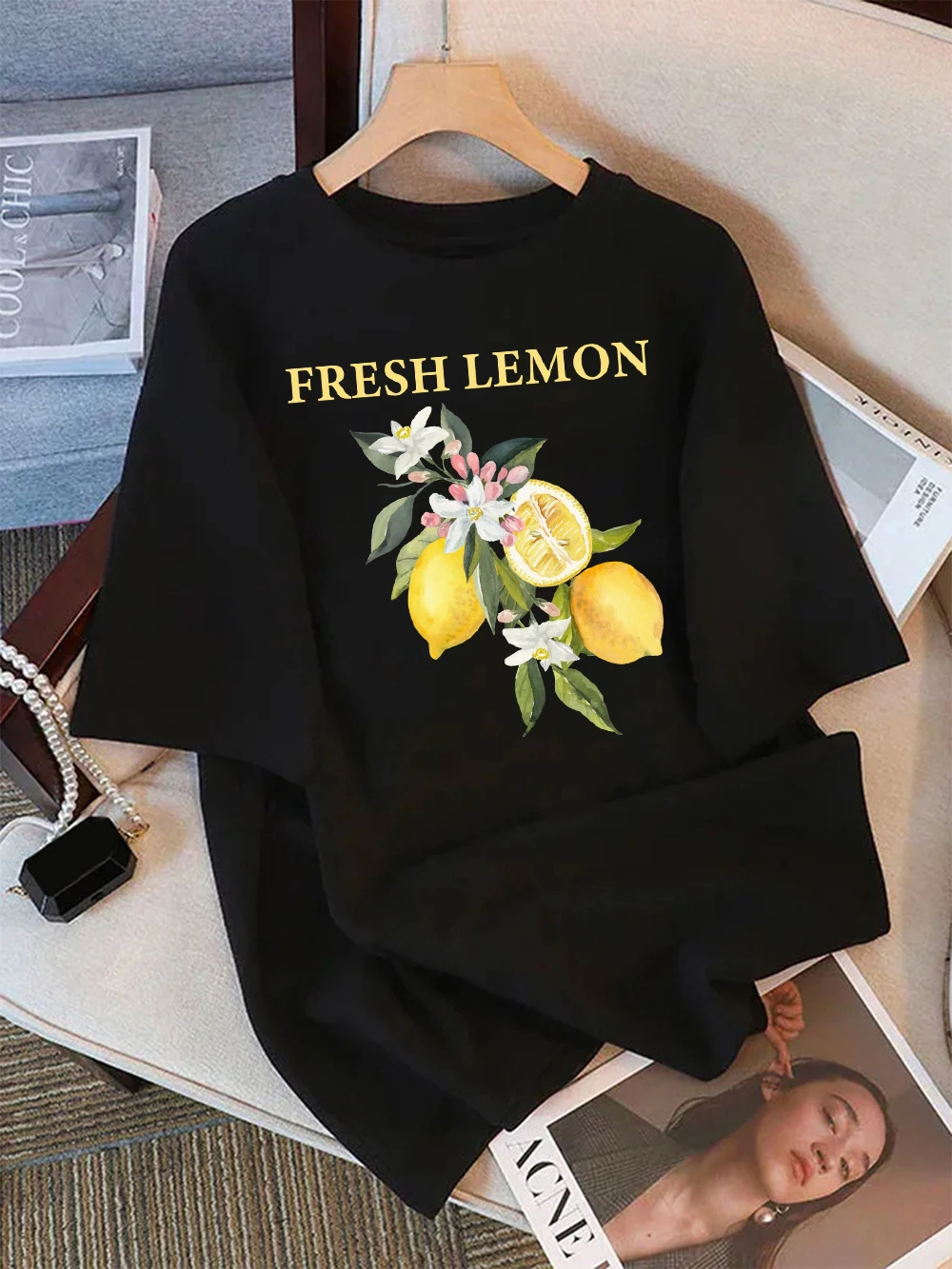 Sommer-T-Shirts aus 100 % Baumwolle für Damen, frische Zitronenblumen, bedruckt, bequem, weich, O-Ausschnitt, kurze Ärmel, lässige Damenkleidung