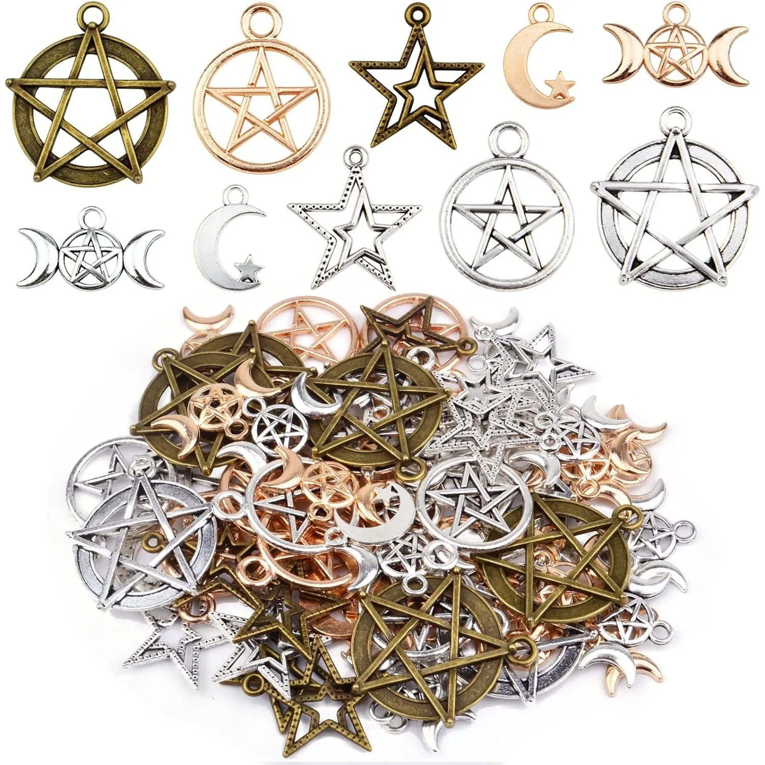 

70pcs Mixed Pentacle Star Charms Moon Pentagram Witch Magic Pendants for DIY Necklace Bracelet Earrings Jewelry Making