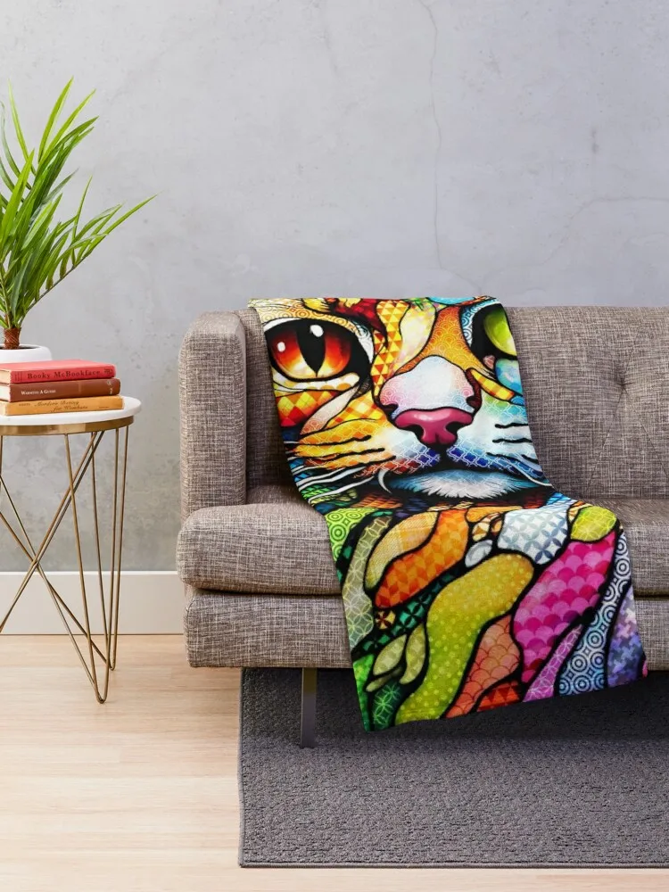 Multicolor Stained Glass Cat 708 Throw Blanket funny gift Picnic Blankets