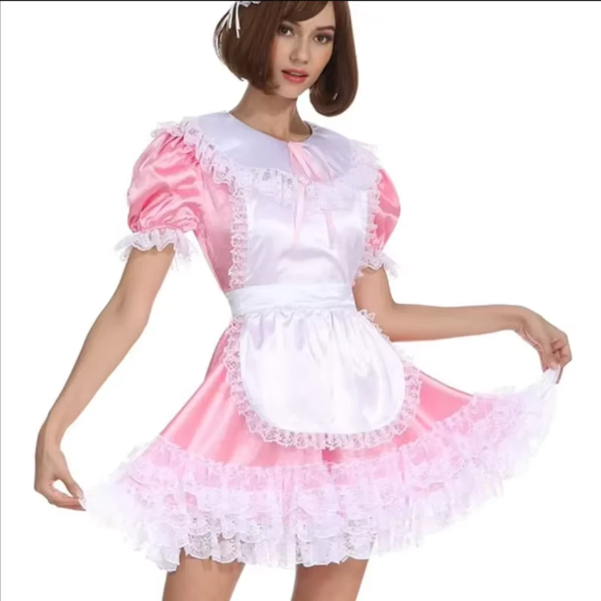 

French Sexy Adult Customized Fetishist Crossdressing Sissy Chest Tulle Flare Sleeves Independent Apron Fluffy Hem Dress