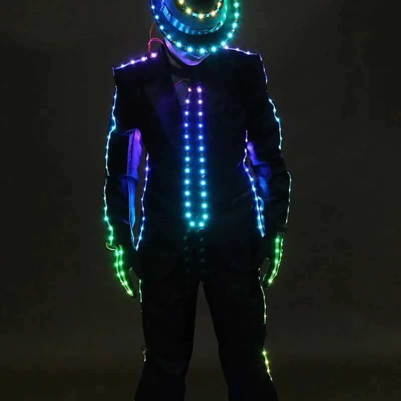 

LED Glowing Suit Set Stage Performance Bar Aosphere Nightclub Outfit Long Sve Long Pants Youth Faion Glowing Costume