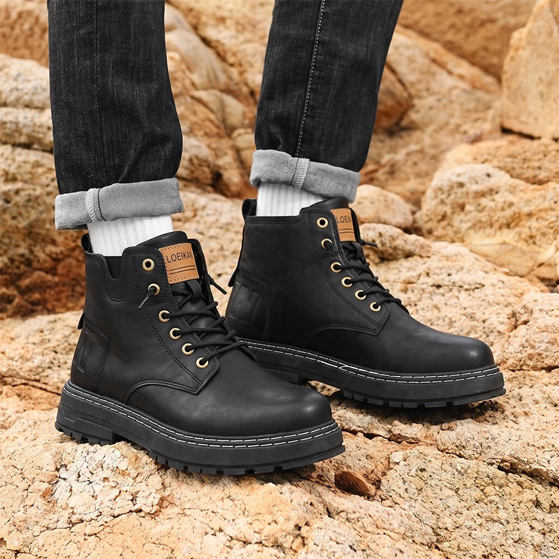 Men High‑top Casual Boots Faux Leather Lace‑up Thick Non‑slip Block Sole Stitched Detail For Urban Street Daily Outing