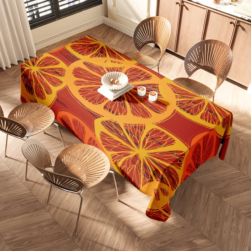 Vibrant Floral Tablecloth with Faux Orange Juice Squeezing Pattern for Dining Room Decor in Red Yellow Set of 1 (Rectangular) Ne