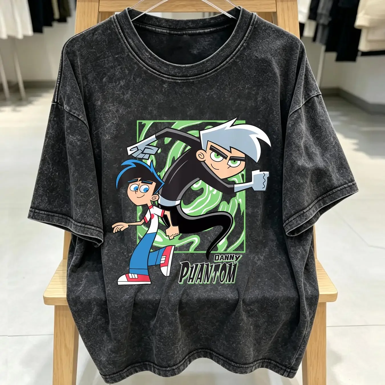 washed T Shirt Danny Phantom Cartoon Black Cotton All Sizes S to 5XL 3F458 vintage Washed Soft graphic Versatile