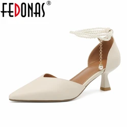 FEDONAS New Women Genuine Leather Pumps Elegant Pearl Decoration Party Wedding Shoes Woman Pointed Toe Prom Pumps Shoes