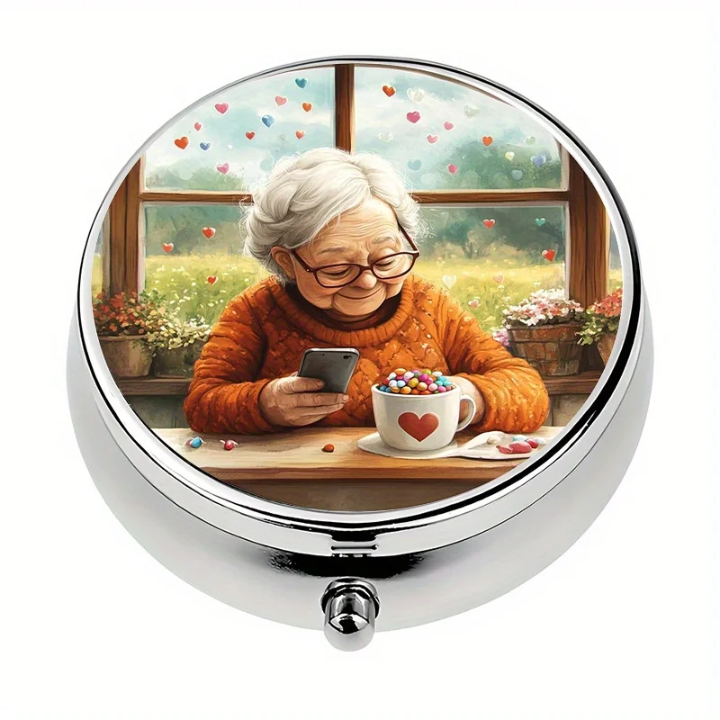 Single pack, flat circular three-compartment pill box, featuring a cute coffee-themed circular design, equipped with a colorful glass window, a personal medication organizer, brightly colored, suitable for personal use or as an exquisite gift option