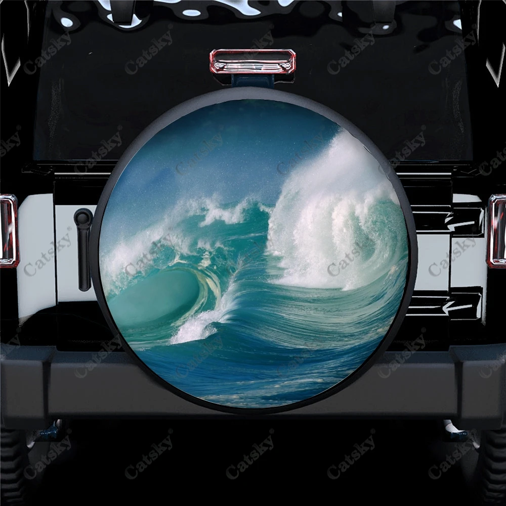 White Sea Wave Print Car Spare Tire Cover Waterproof Protect for Truck SUV Trailer Auto Accessories Camping Decoration 14-17inch