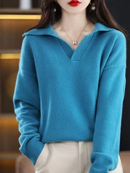 CHICUU New Fashion Women Wool Pullover Casual Loose Style Turn Down Collar Cashmere Sweater Autumn Winter 100% Merino Wool Knit