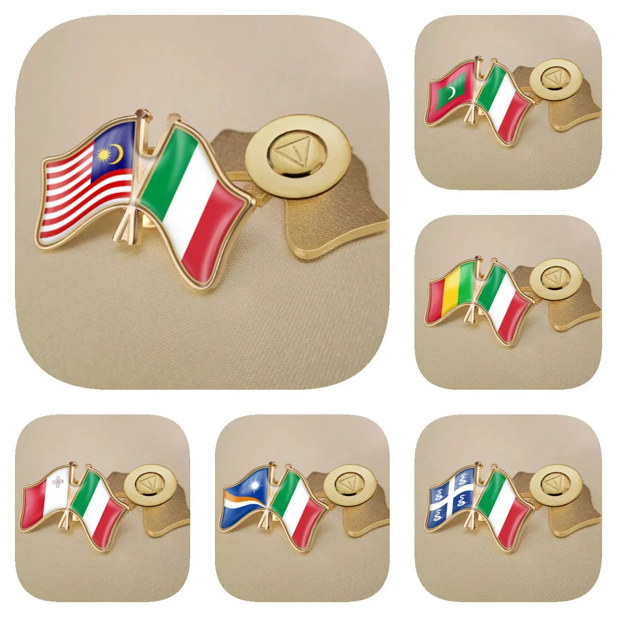 Italy and Malaysia Maldives Mali Malta Marshall Islands Martinique Double Crossed Friendship Flags Brooches Lapel Pins Bradges