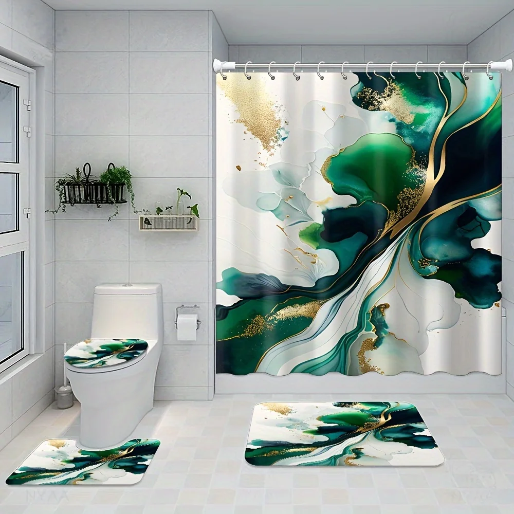 4-piece set green gold-plated marble print pattern shower curtain with hooks bathroom rug U-shaped mat toilet mat