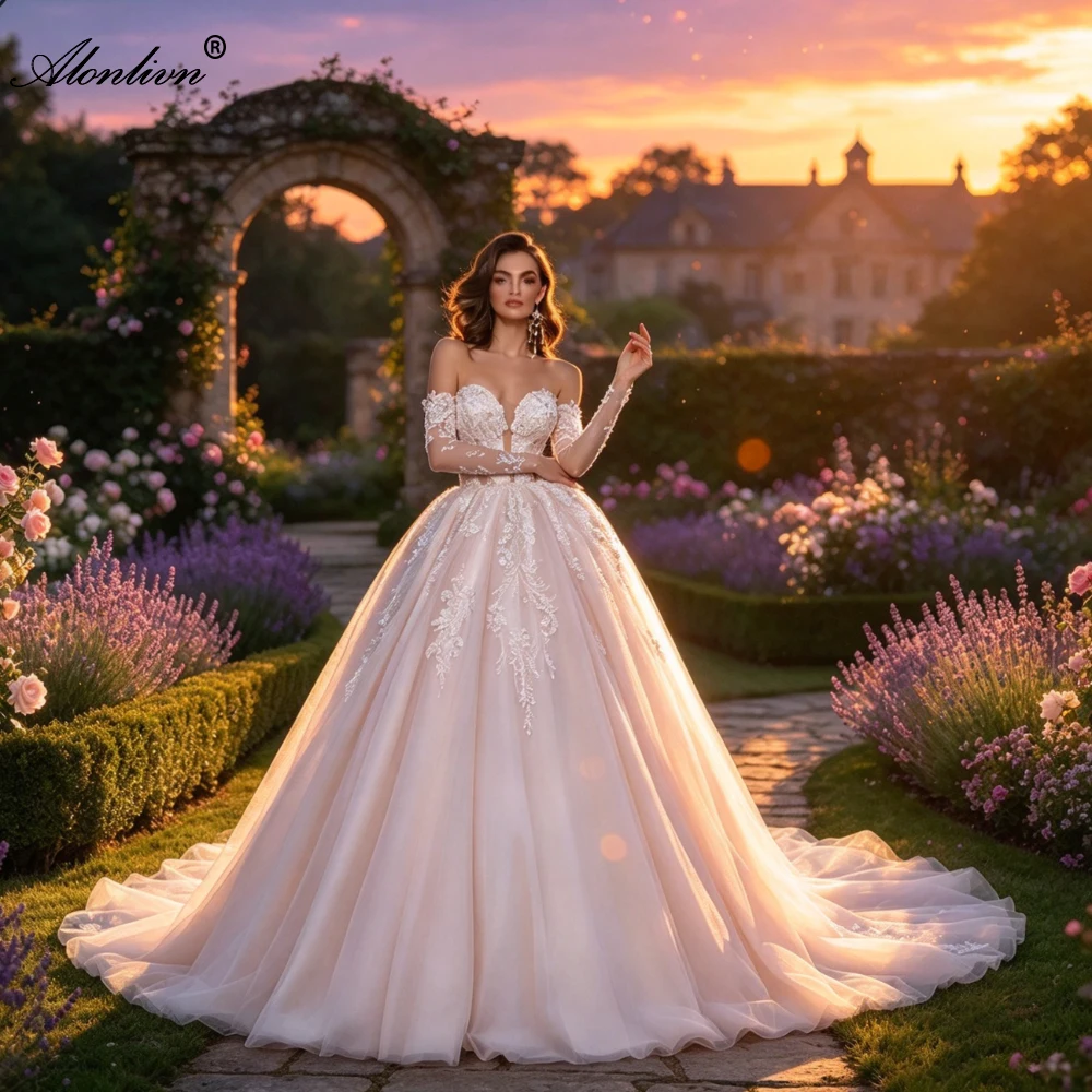 Alonlivn vestido de noiva Custom Made Beauty Lace A-Line Wedding Dresses Off Shoulder Silky Organza Light Pink Wedding Gowns