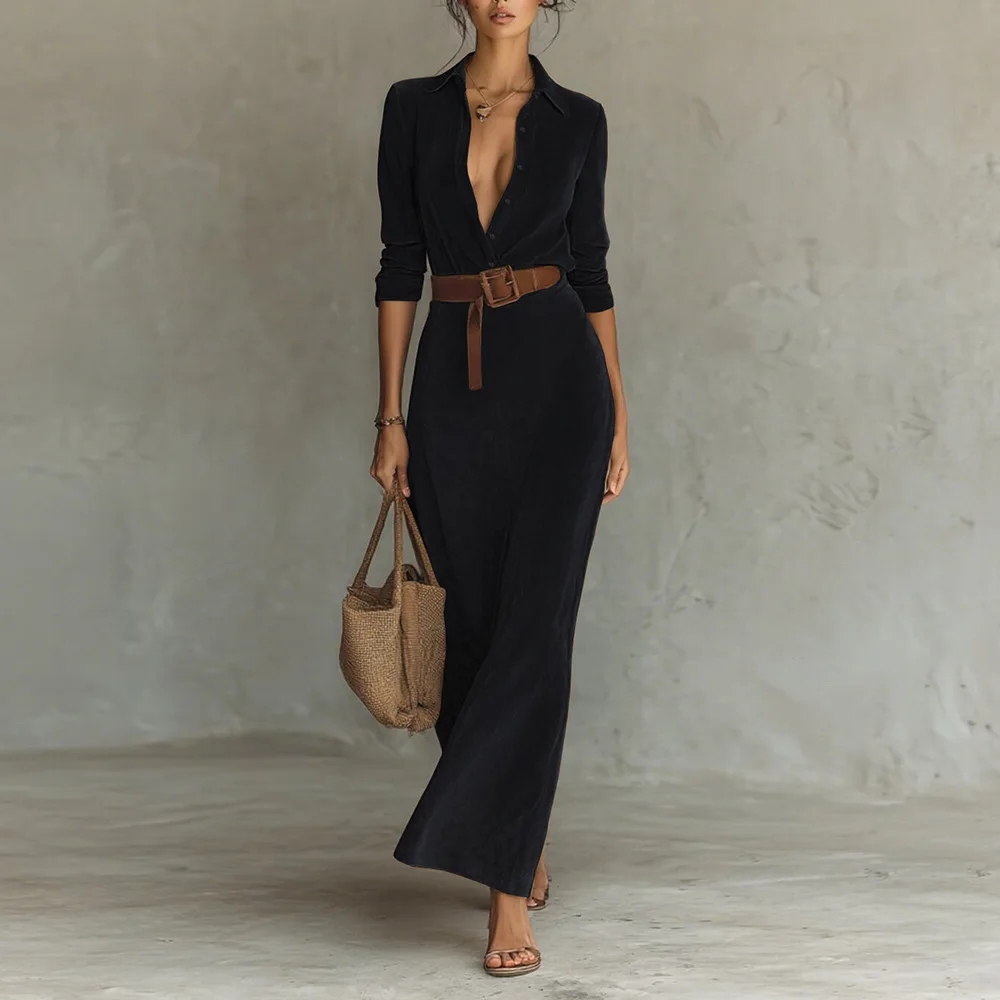 Mulher roupas vestidos 2025 outono camurça cintura longa camisa gola vestido elegante com cinto vestidos de festa elegantes roupas femininas