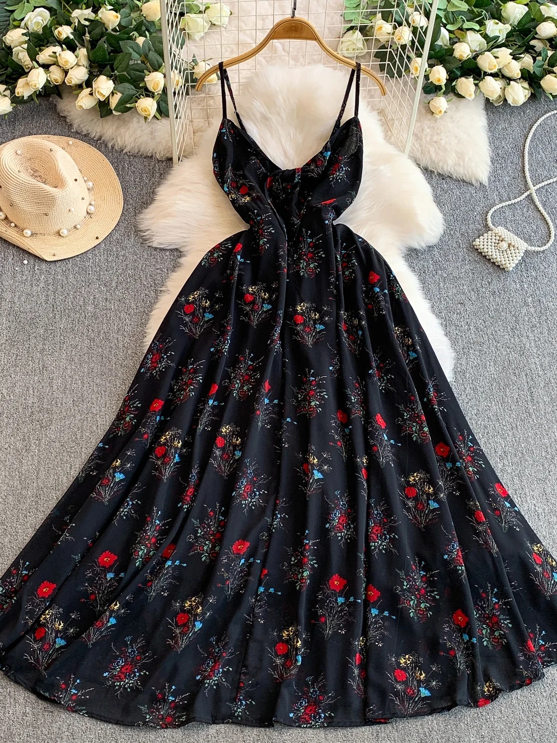 Süße Blumenkrawatte V-Ne ter Dr Sommer Vaion Ele Fairy Langer Rock Damen A-Linie Kleid mit hoher Taille No-Slee Midi D...