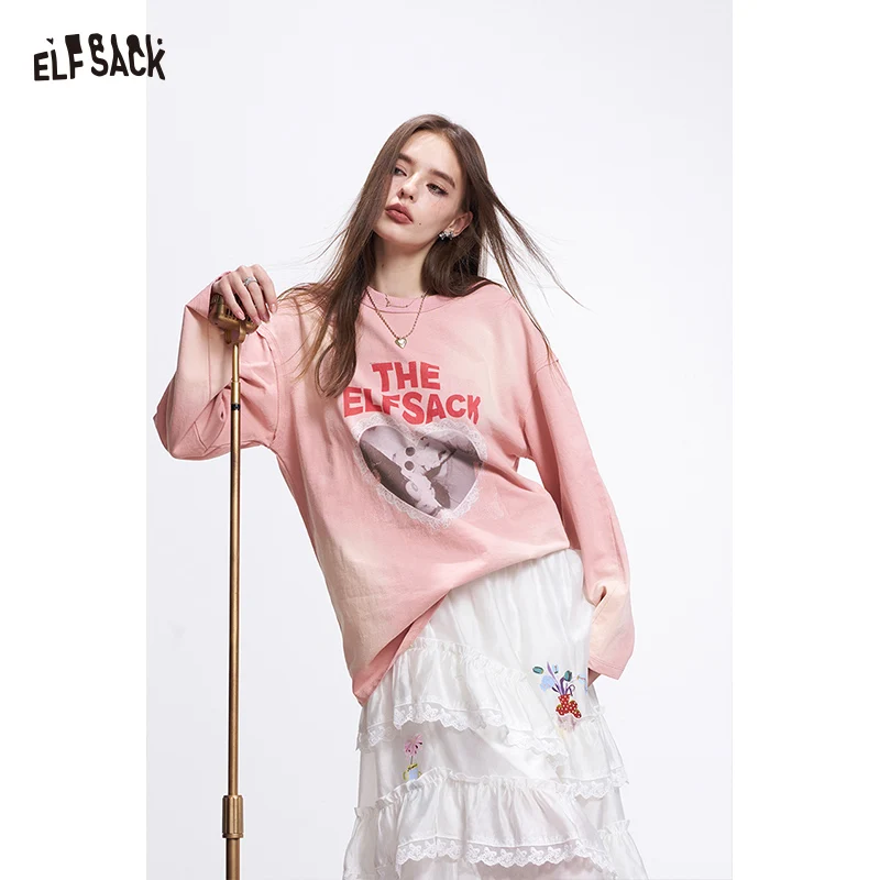 ELFSACK Women's Pink Gradient T-Shirt with Lace Heart Portrait, Vintage Y2K Oversized Long Sleeve Tee for Daily Casual Outfit