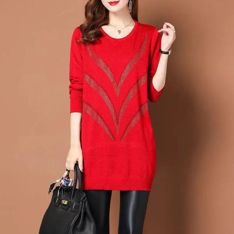 Fashion O-Neck Knitted Diamonds Bright Silk Sweaters Women\'s Clothing 2023 Autumn Winter Loose Casual Pullovers Commuter Tops