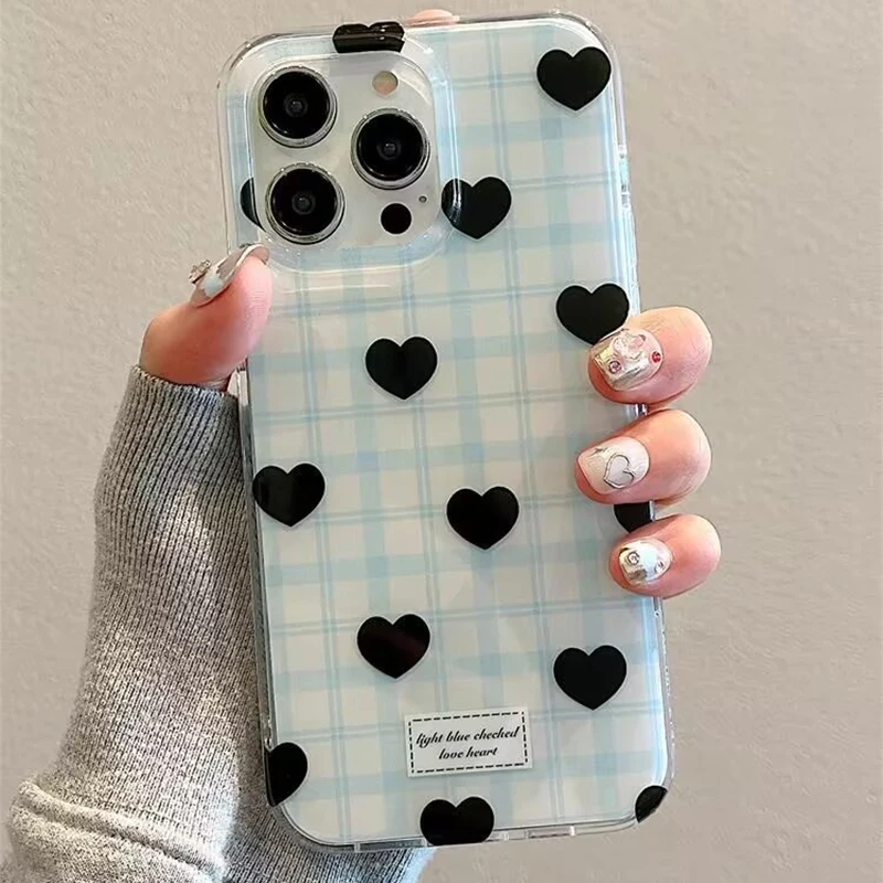 

Cute Cartoon Black Love Heart Phone Case For iPhone 16E 11 12 13 14 15 16 Pro Max 7 8 Plus X XR XS Max Shockproof Soft Cover