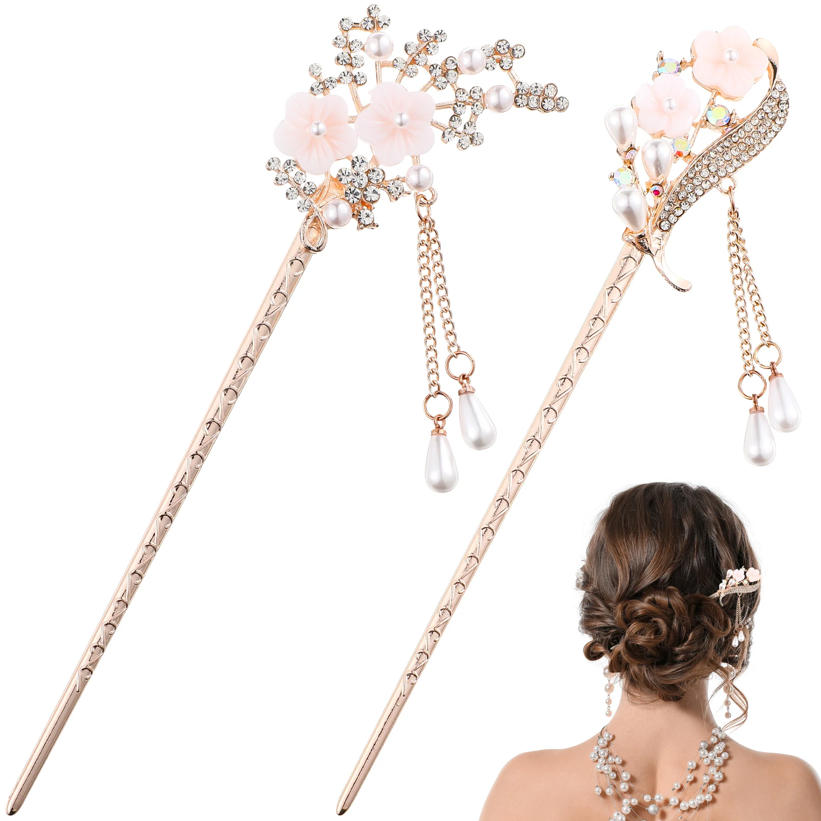 

2 Pcs Pearl Hair Accessories Beautiful Alloy Sticks Rhinestones Flowers Beads Chain Tassels Vintage Style Hair Bun Half Bun
