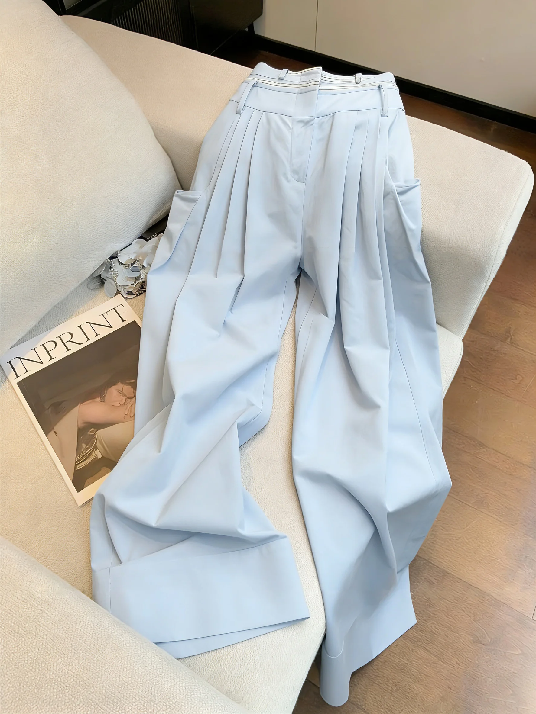 

Повседневные брюки унисекс с высокой талией, прямые, свободные, струящиеся, широкие, летние, в расслабленном стиле, светло-голубые, плиссированные, свободного кроя