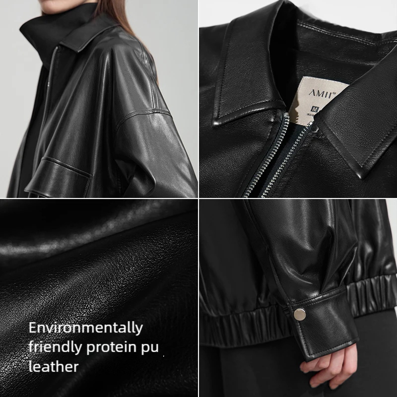 AMII Leather Jacket Woman 2025 Autumn New Streetwear Style PU Leather Jacket Lapel Zipper Long Sleeve Casual Loose Tops 12543118