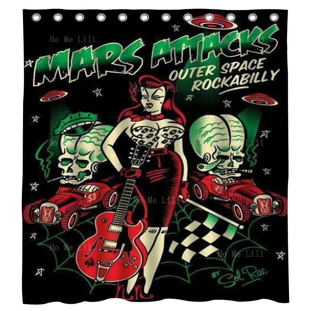 A Woman With A Guitar And Two Skeletons On A Racecar Creepy Rockabilly Art Shower Curtain By Ho Me Lili For Bathroom Decor