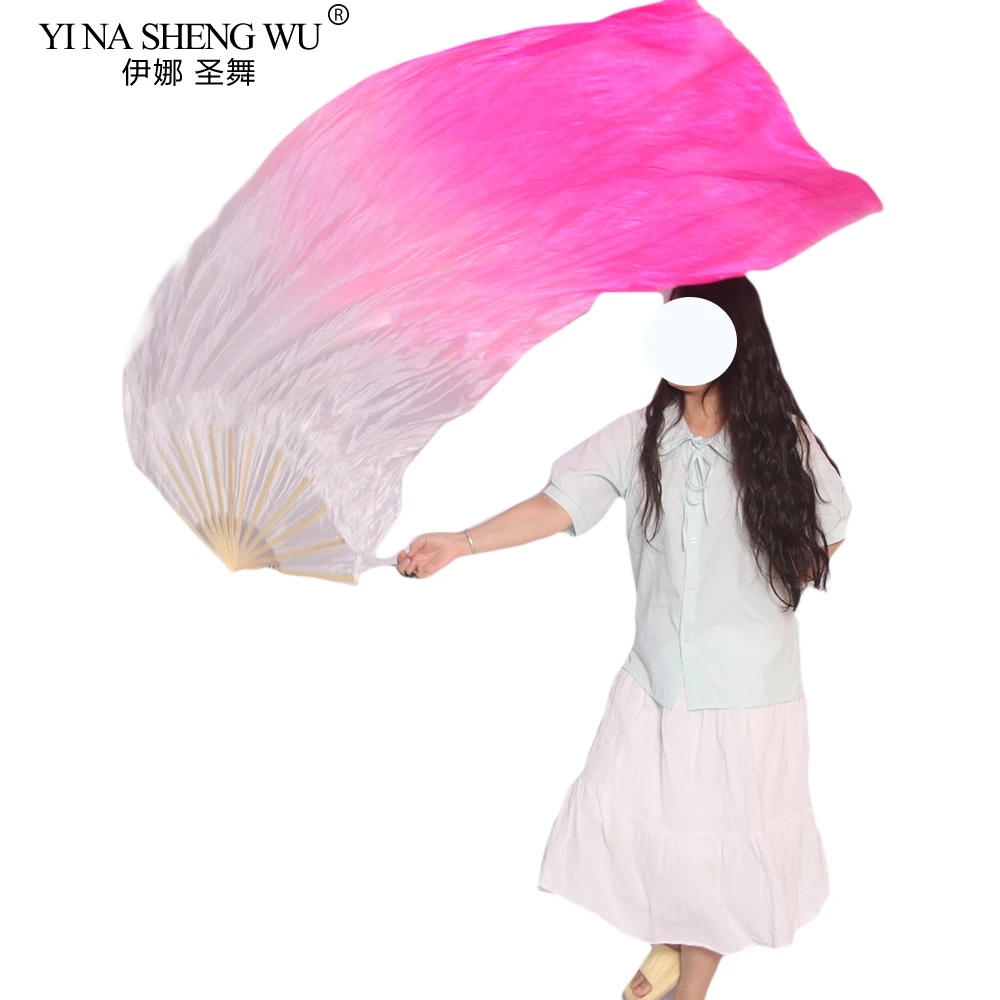 100% Real Silk Fan Veils for Belly DanceFolding Silk Fan Chinese Gradient Hand Made Dyed Fan Tie-dye Rope Throw Swing a Fan