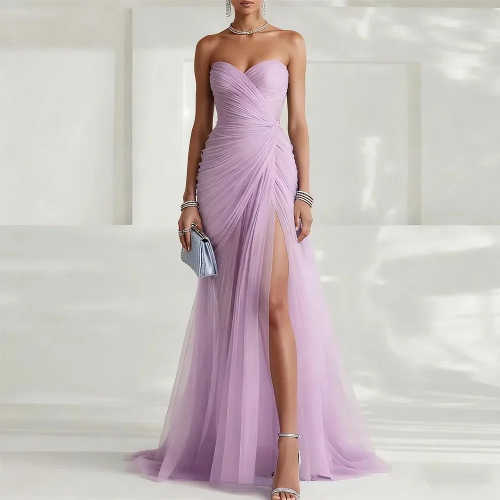 New Sky Blue Prom Birthday Dress 2026 Sweetheart Pleated Tulle High Slit Long Mermaid Evening Gowns Pageant Formal Party Dresses
