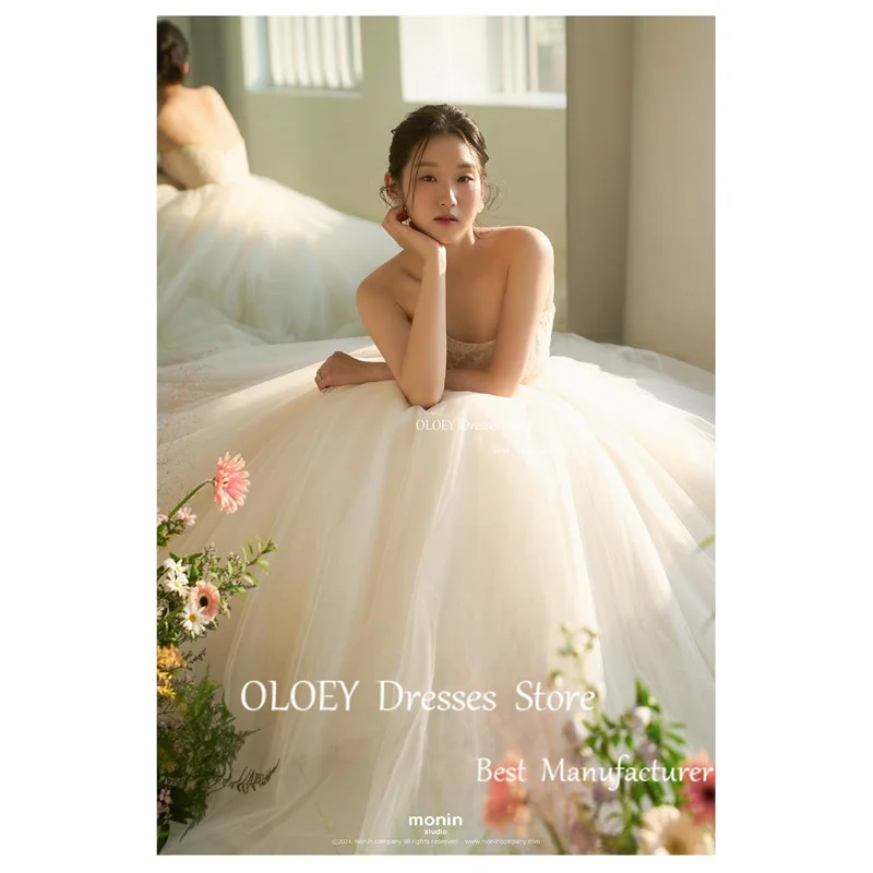 OLOEY Vintage A Line Tulle Lace Corea Abiti da sposa Servizio fotografico Senza maniche Primavera Sweep Train Abiti da sposa Custom Made