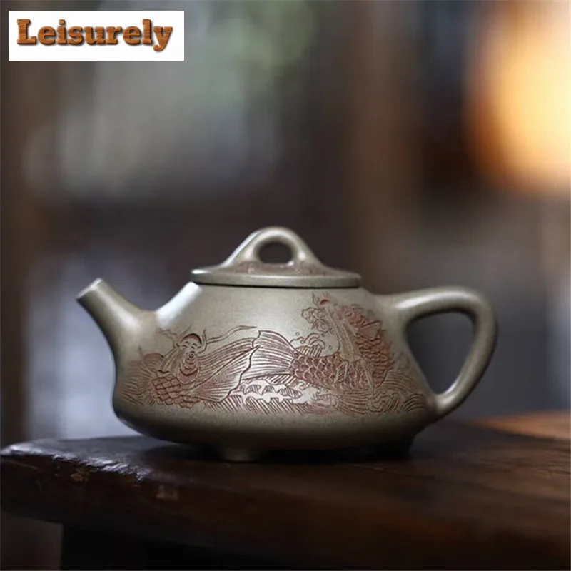 280ml Handmade Yixing Purple Clay Teapots Handmade Stone Scoop Pot Raw Ore Crab Shell Cyan Mud Kettle With Strainer Zisha Teaset