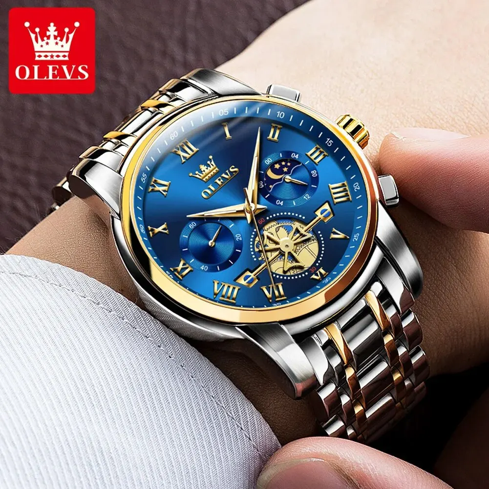 OLEVS 2859 Top Original Quartz Men\'s Watches Classic Roman Scale Dial Moon Phase Waterproof Luminous Luxury Wrist Watch for Male