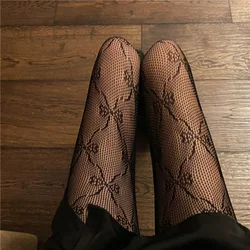 Kawaii Lolita Girls Floral Print Mesh Stockings Hollowed Out Mesh Body Bows Flower Stockings Bottomed Lace Pantyhose Hot Tights