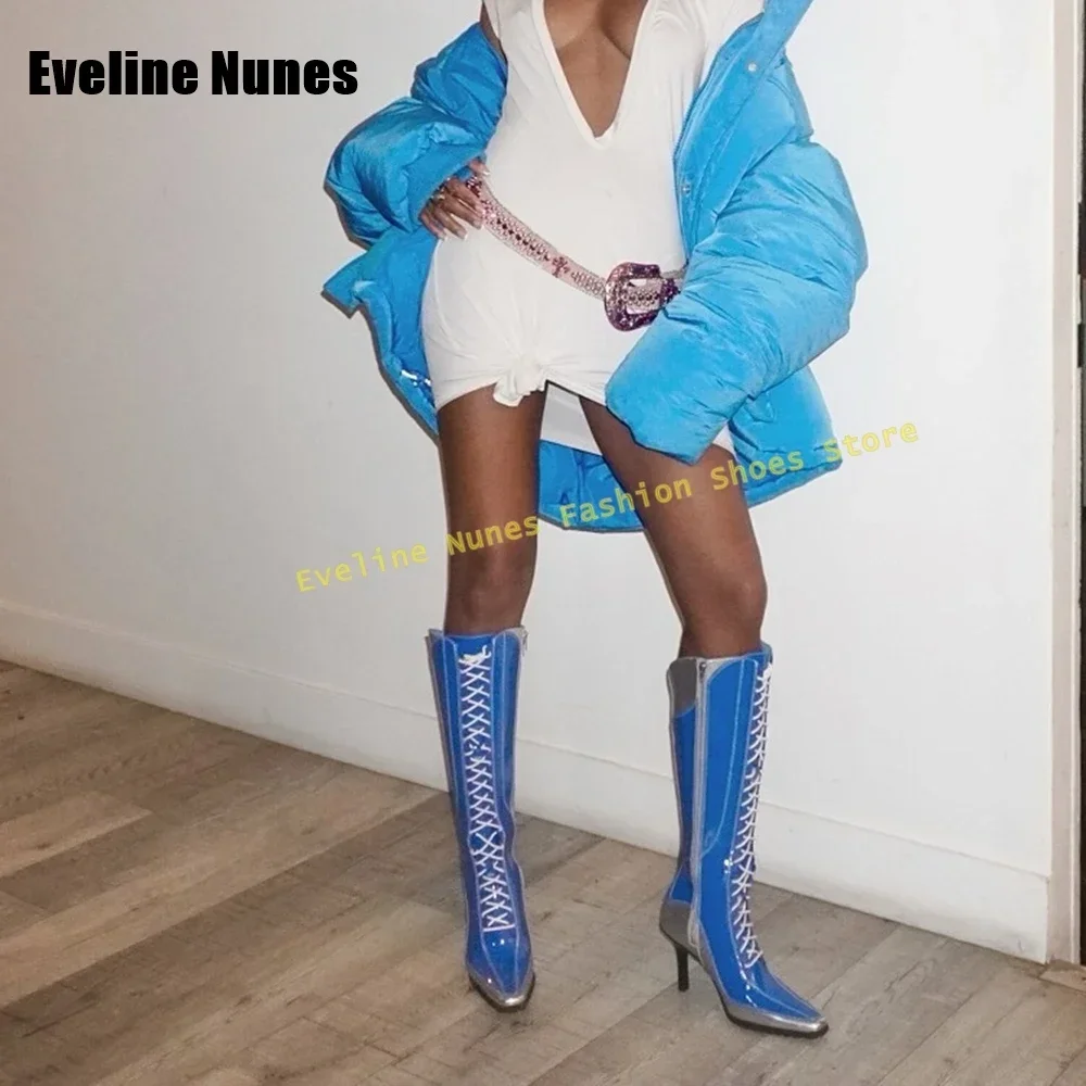 الأزرق الصليب تعادل المرقعة أحذية الموضة 2025 نمط جديد أشار تو خنجر سستة إغلاق النساء مختلط الألوان حذاء برقبة للركبة