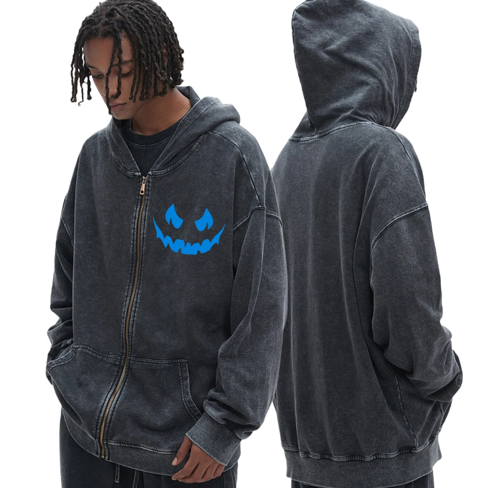 The Devil's Laugh Printed Men'S Sweatshirt Jacket Oversized Fall Tops Simple Casual Wash Zip Up Hoodie Cotton Men Cardigan