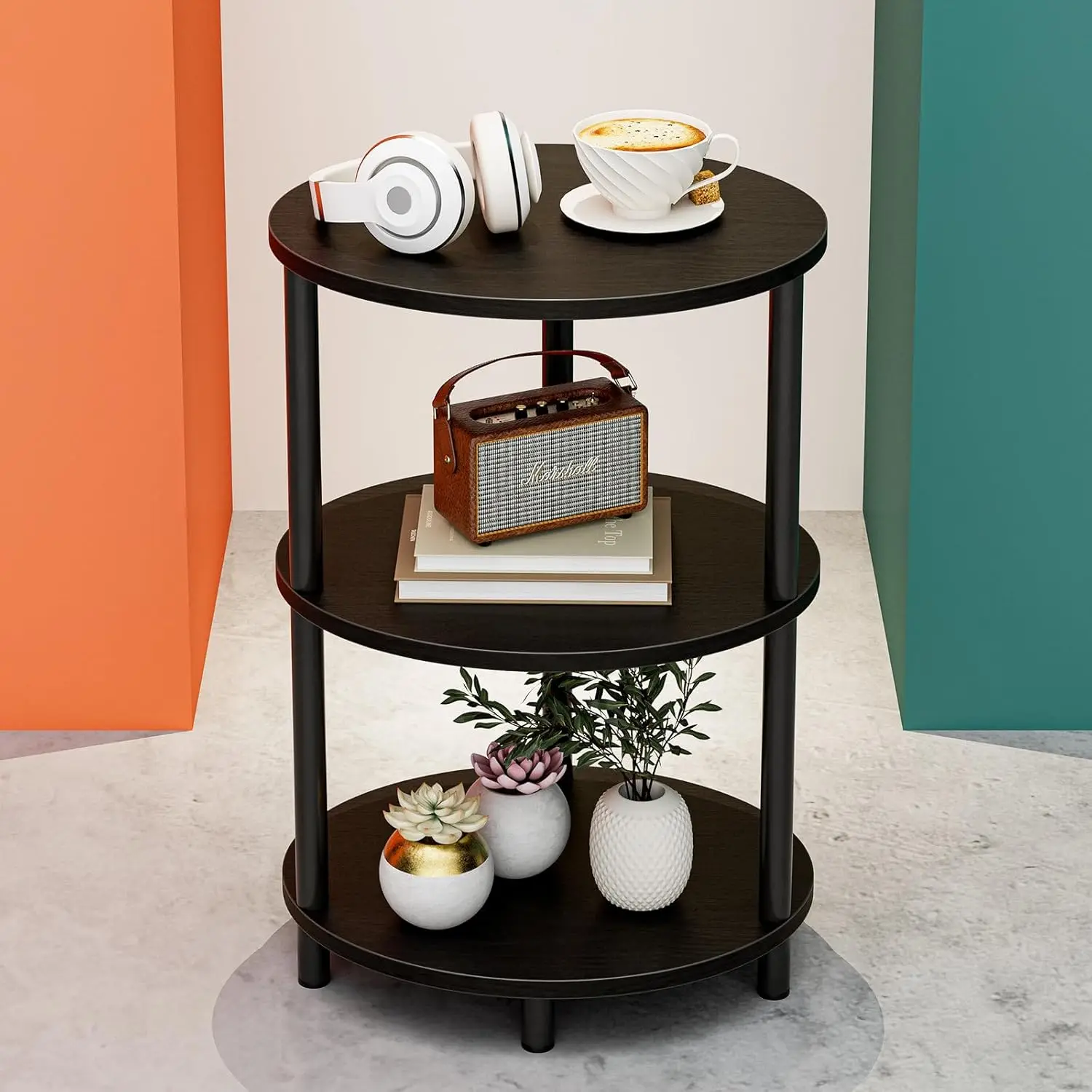 

Small Round Side Table - 3-Tier Oval Accent Table for Small Spaces, Rustic Wood and Metal Couch End Table, Nightstand for