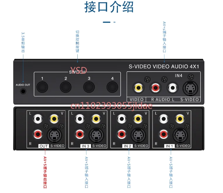 

720P VSSW41 AV S-Video Switcher 4 Port Input 1 Output 3.5mm Audio Port Metal Shell