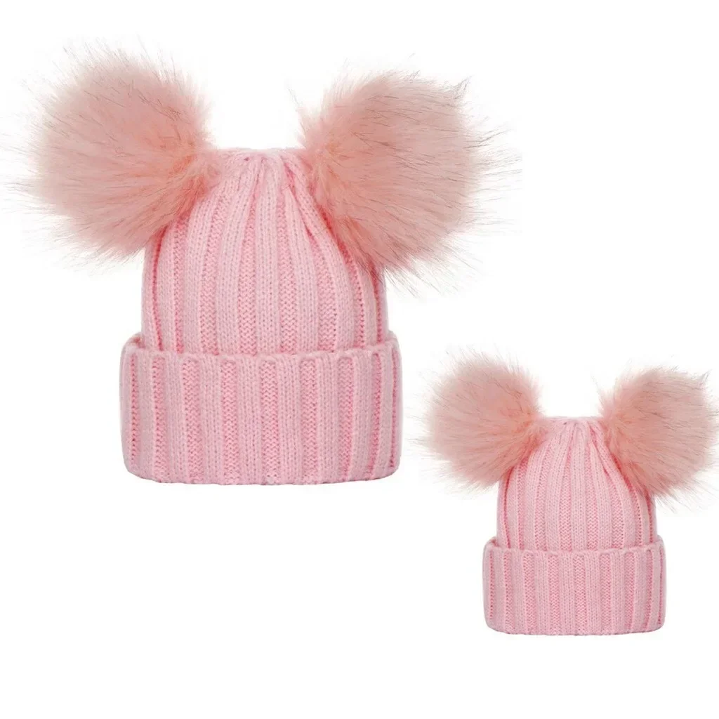 

2 Set Parent-Child Hat Autumn And Winter Threaded Baby Pullover Hat Double Wool Ball Knitted Hat Pullover