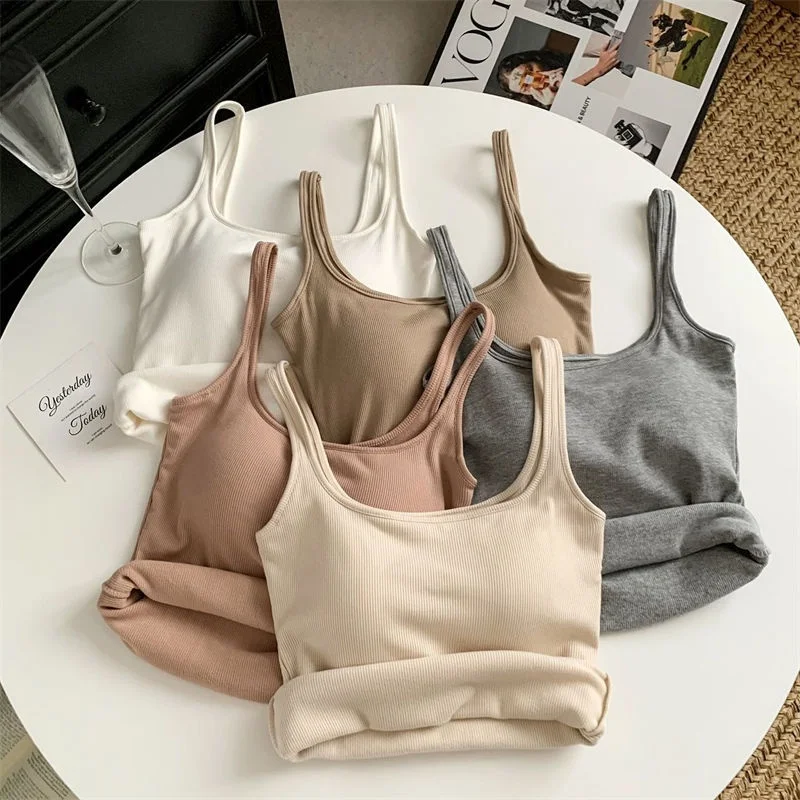 Autumn Winter Fleece-lined Square Collar Vest Women's Integrated Cup Self-contained Chest Pad Camisole Tank Top Base Shirt