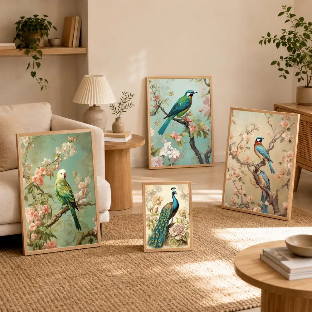 Traditional Chinoiserie Bird Poster Stickers Mural Painting Self-Adhesive Wall Art Decals for Bedroom Living Room Home Decor
