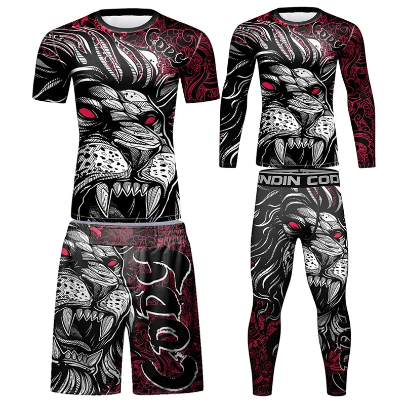 Boks Rashguard t-shirty + spodnie garnitur mężczyźni Rashguard dla zawodników MMA BJJ koszulki spodenki Muay Thai MMA koszulka kompresyjna